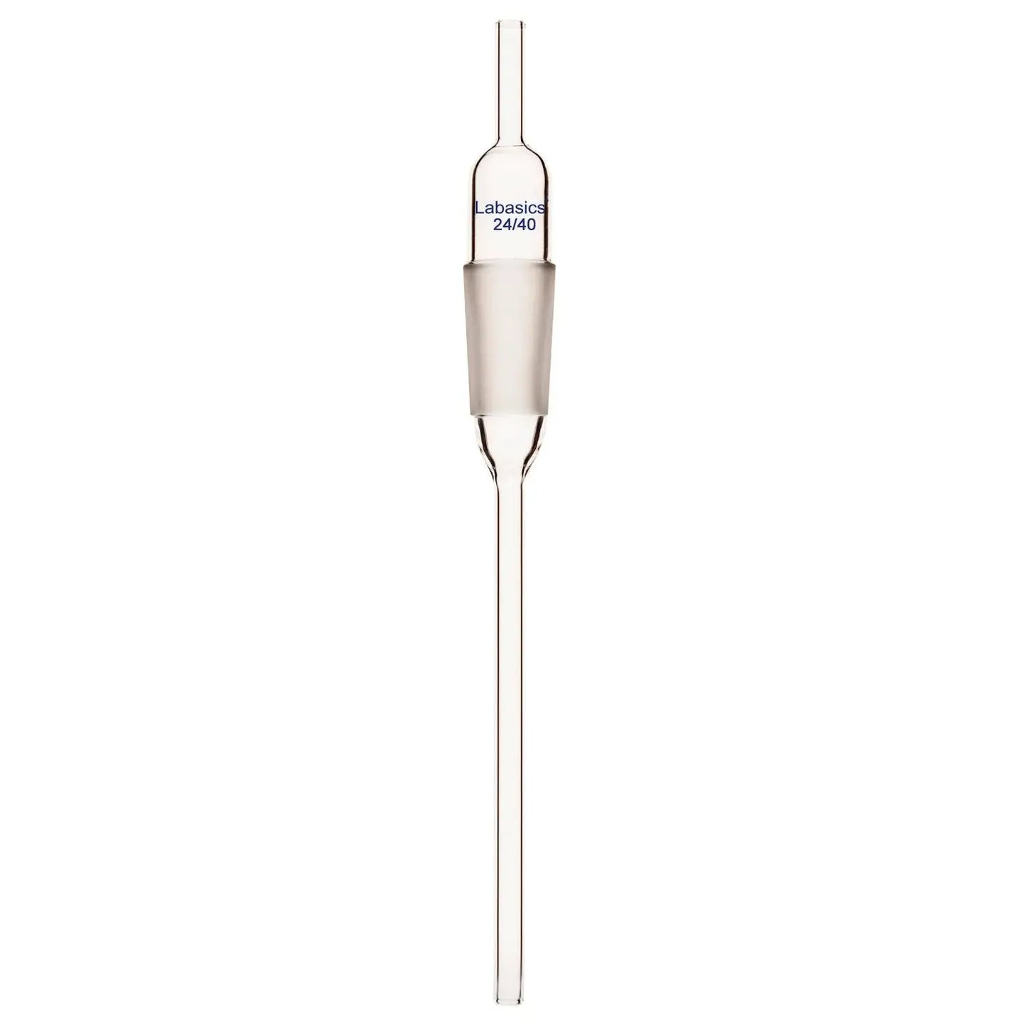 Glass extended adapter with 8mm drip tube, borosilicate construction, ideal for precise liquid transfer in chemical and biological labs