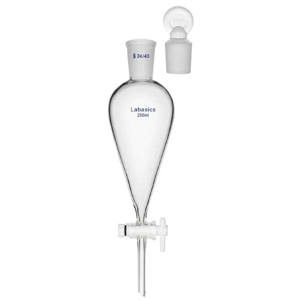 Conical separatory funnel, 250 mL, borosilicate glass, glass stopper, PTFE valve, suitable for laboratory phase separation