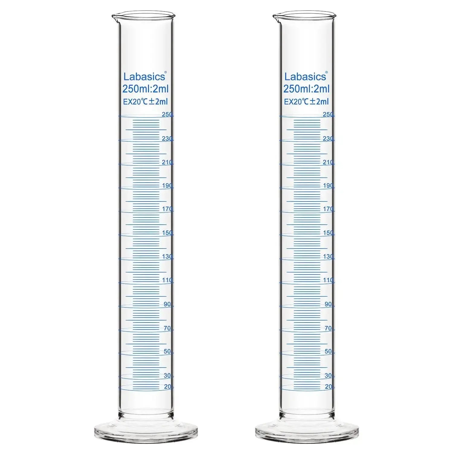 Graduated cylinder, 250 mL, borosilicate glass, stable base, clear graduations for accurate liquid measurement; 2-pack