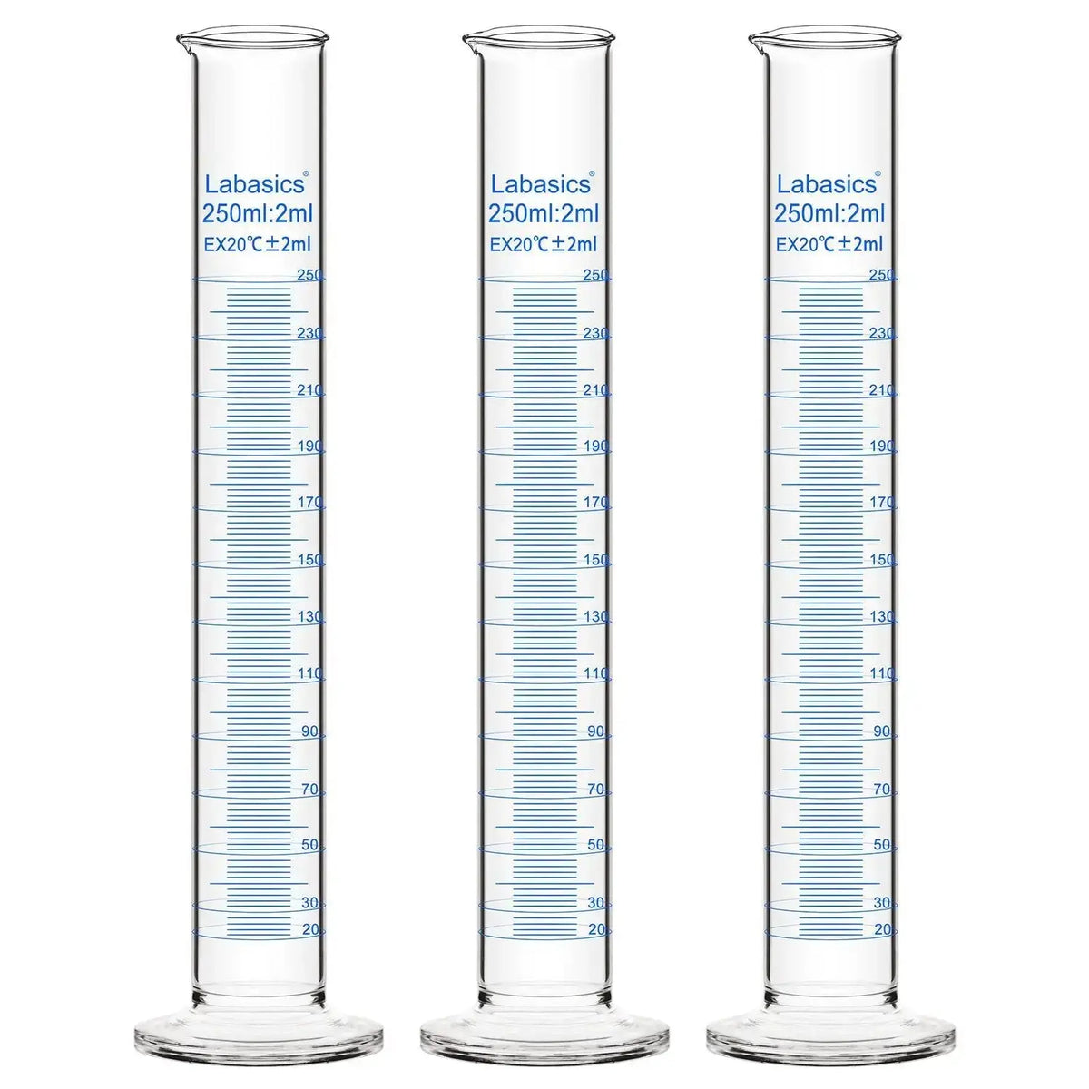 Graduated cylinder, 250 mL, borosilicate glass, stable base, clear graduations for accurate liquid measurement; 3-pack