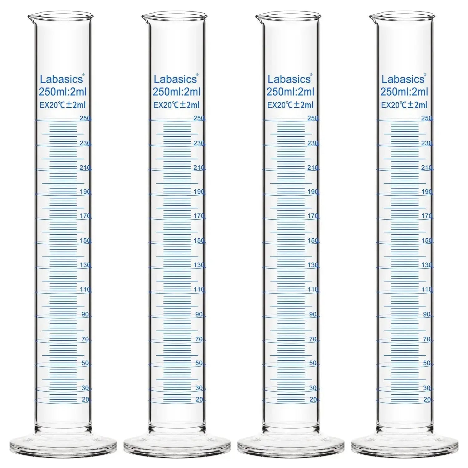 Graduated cylinder, 250 mL, borosilicate glass, stable base, clear graduations for accurate liquid measurement; 4-pack