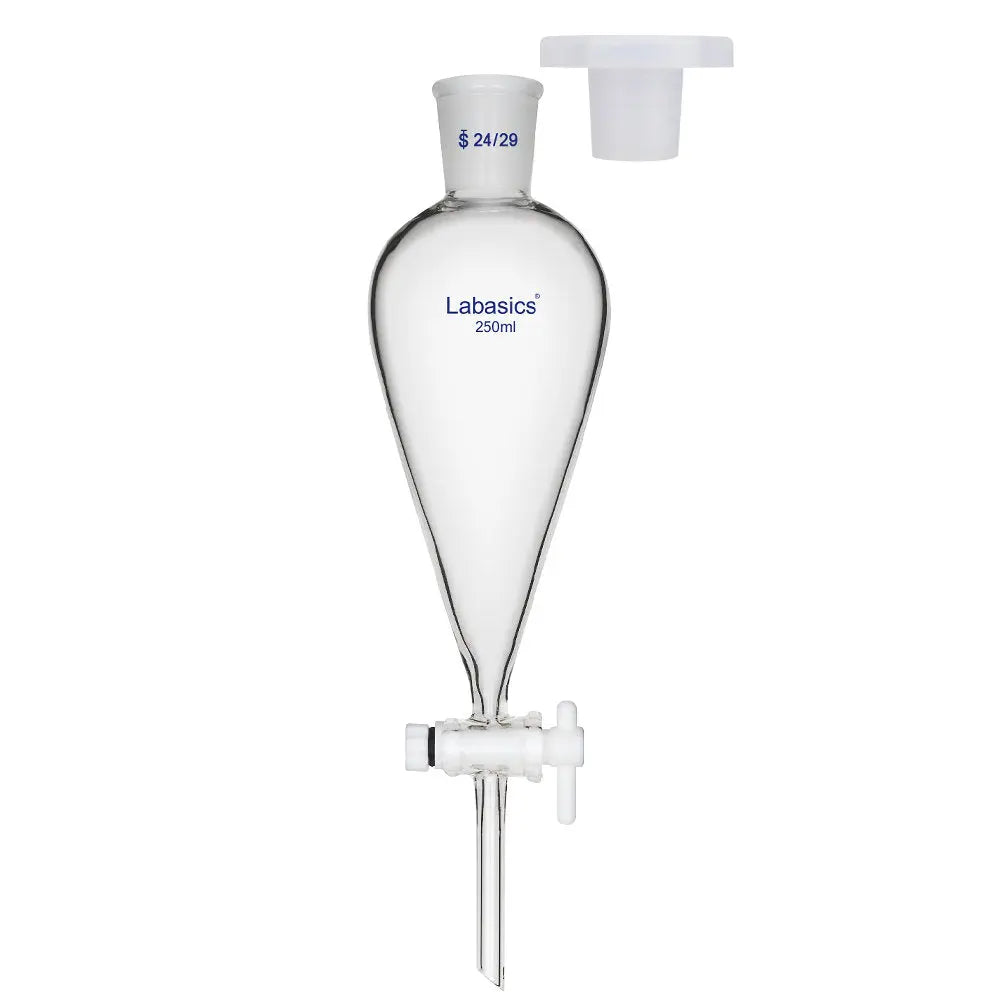 Conical separatory funnel, 250 mL, borosilicate glass, 24/29 joint, PTFE valve, for chemical phase separation