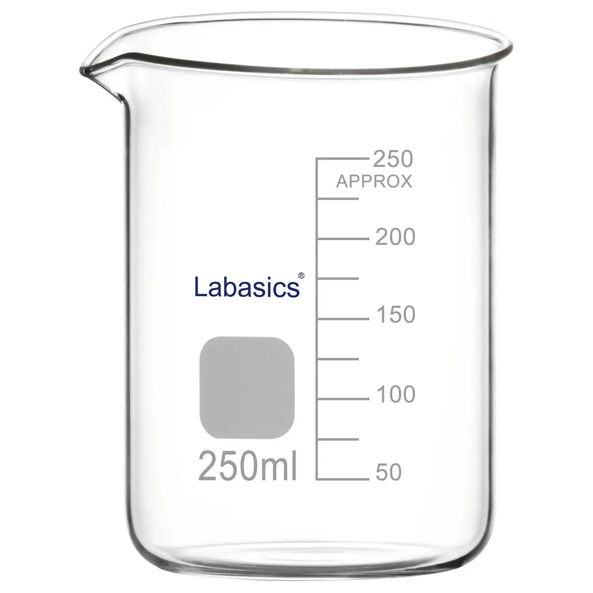 250 ml borosilicate lab beaker with pouring spout, suitable for heating and solution preparation