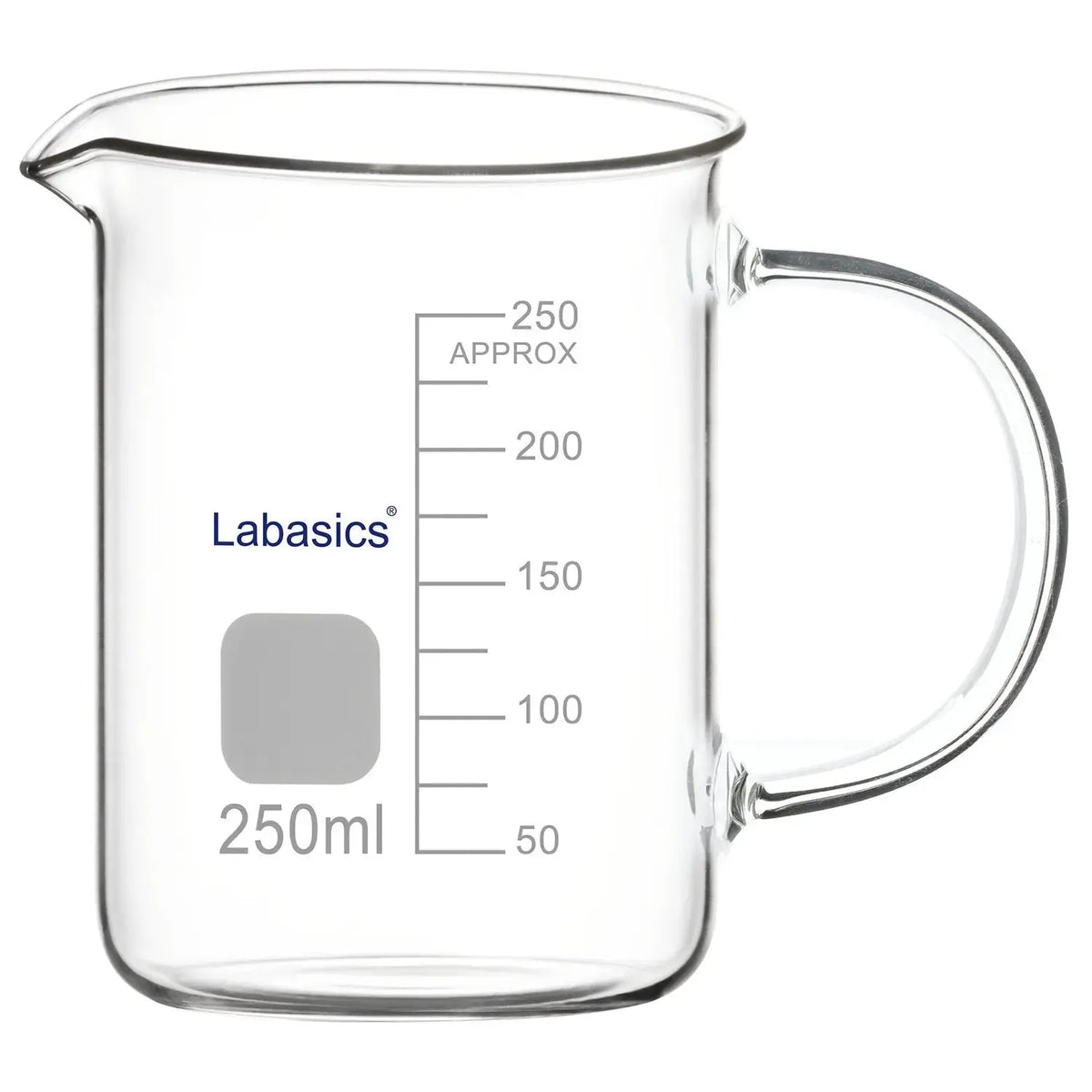 Laboratory glass beaker with handle and pouring spout, 250 ml, suitable for chemical experiments