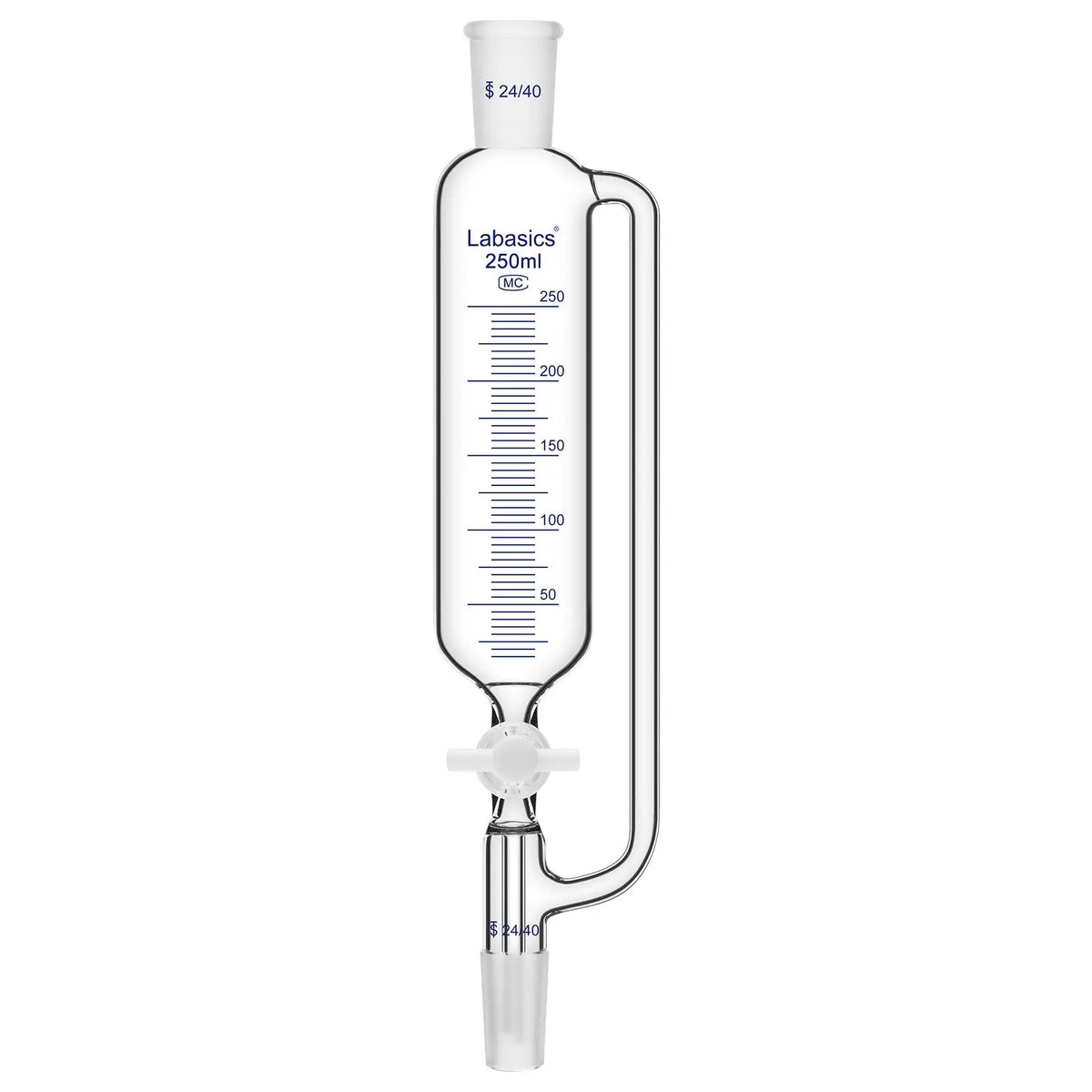 250ml borosilicate glass pressure equalizing addition funnel with PTFE stopcock and clear graduations, suitable for quantitative lab liquid transfer