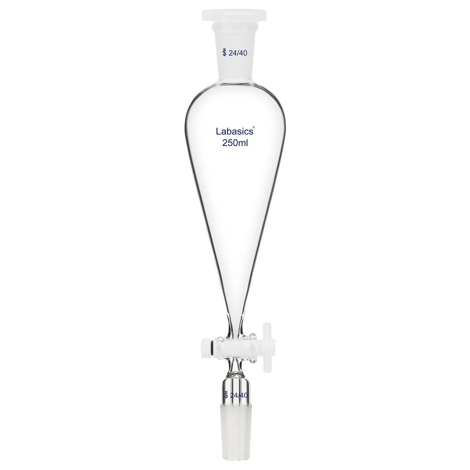 250 ml borosilicate separatory funnel, 24/40 joint, PTFE stopcock, used for liquid-liquid extraction and purification