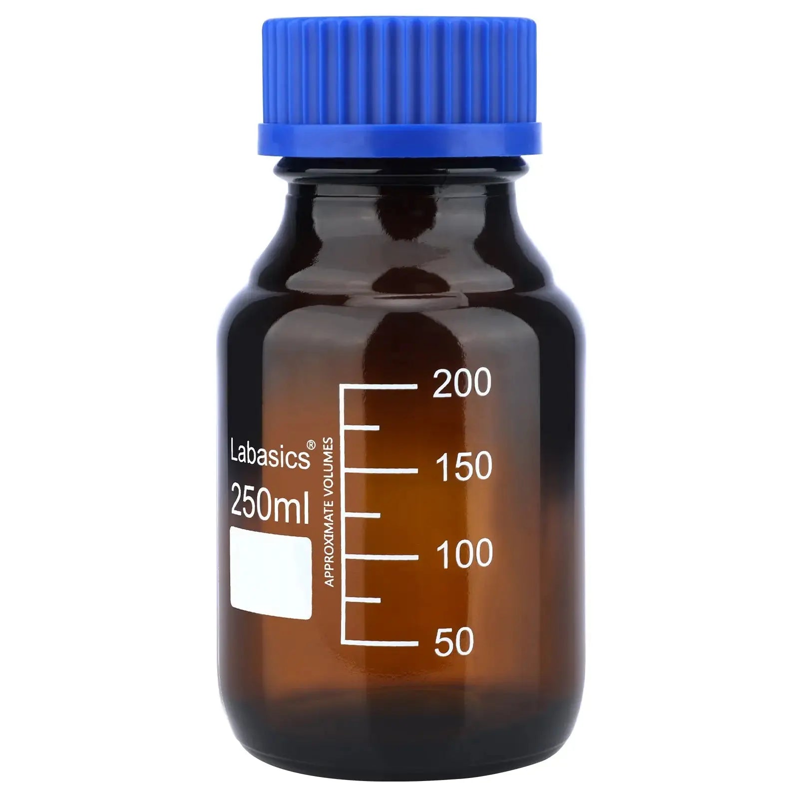 Amber media storage bottle, 250 mL, GL45 PP screw cap, soda-lime glass, UV-protective amber color, airtight seal, graduated scale for lab storage