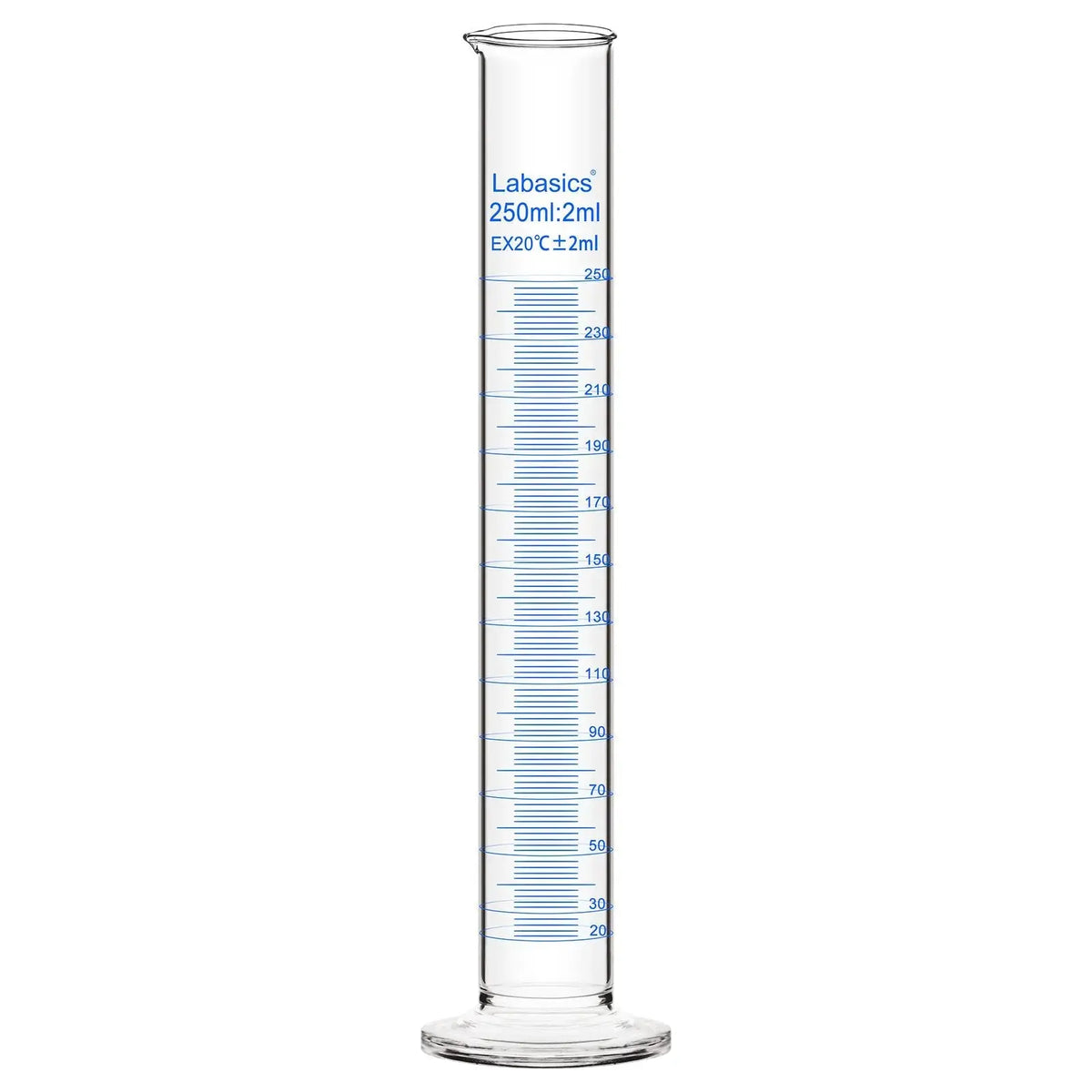 Graduated cylinder, 250 mL, borosilicate glass, stable base, clear graduations for accurate liquid measurement