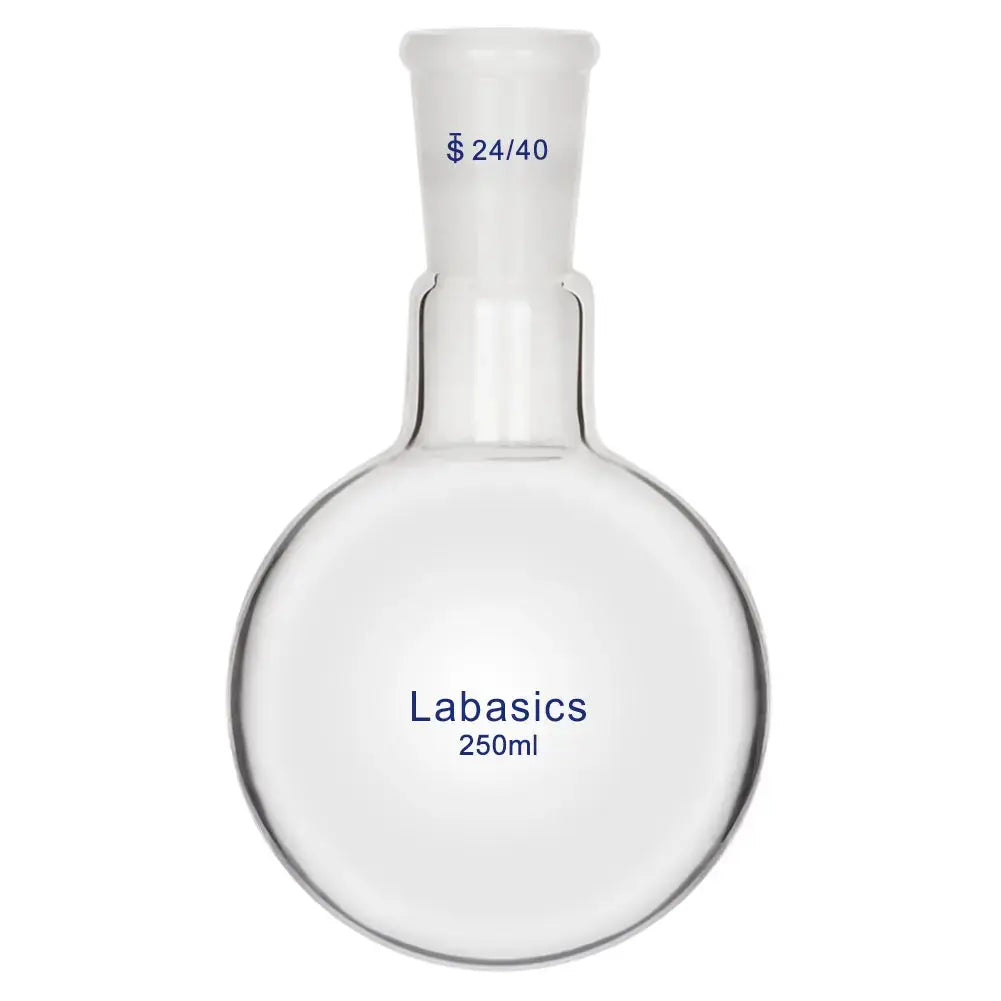 1 neck round bottom flask, 250 mL capacity, 24/40 joint, borosilicate glass, suitable for chemical reactions and solution preparation