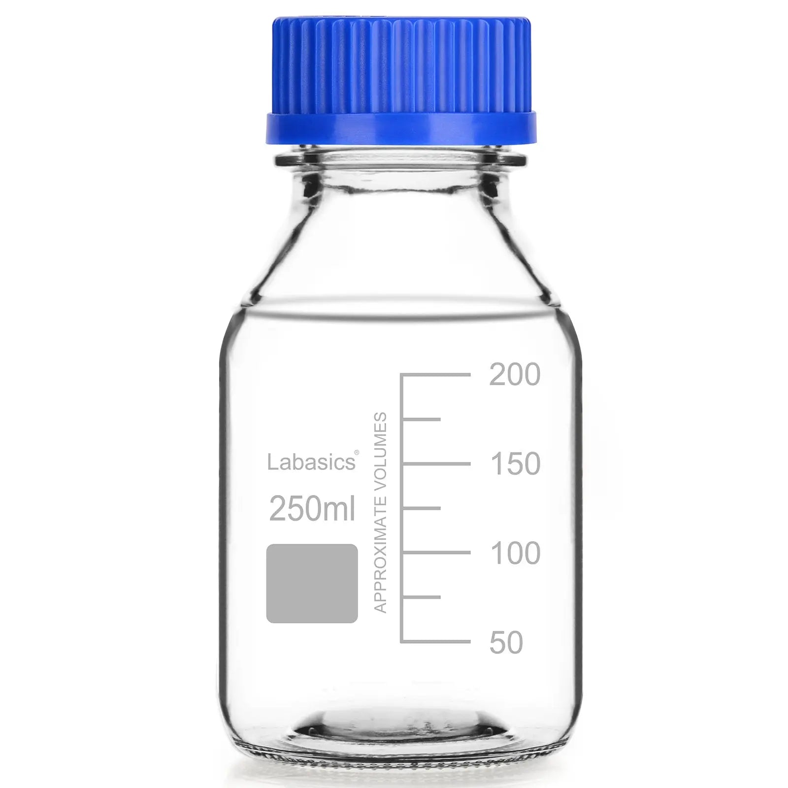 Transparent media storage bottle, 250 mL, soda-lime glass, GL45 blue screw cap, leak-proof design, graduated scale for liquid storage