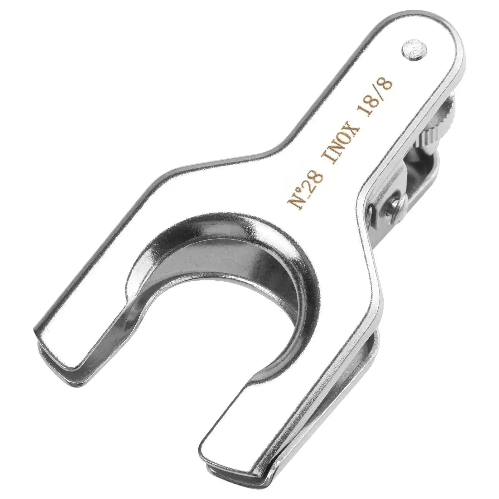 Stainless steel spherical pinch clamp, size #28, compatible with #28 joints, durable stainless steel structure, secure fastening for spherical joint laboratory assemblies
