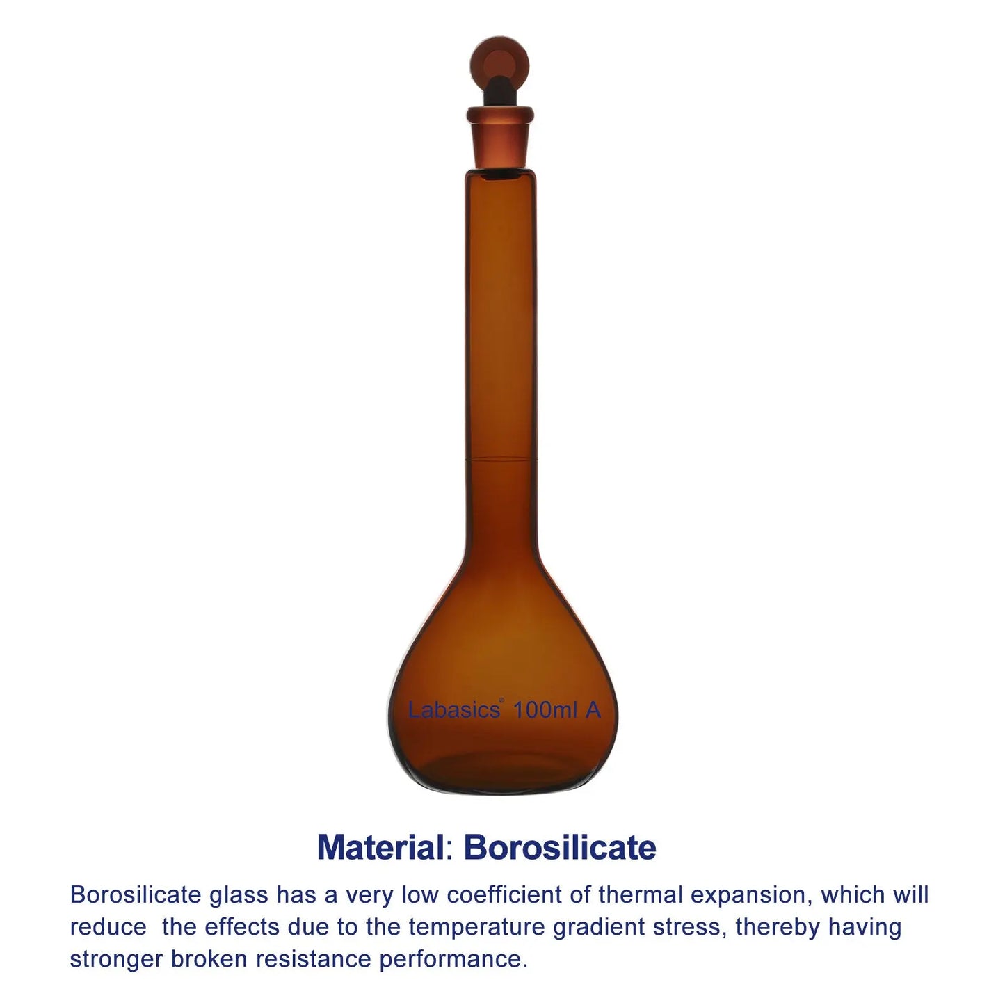 Brown tinted borosilicate glass material of amber volumetric flask, light-protective