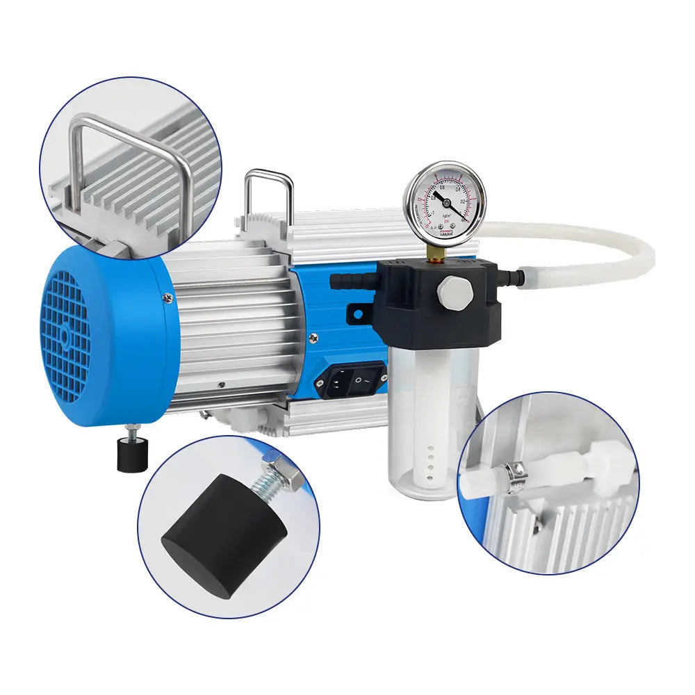 Close-up of diaphragm vacuum pump components and control panel