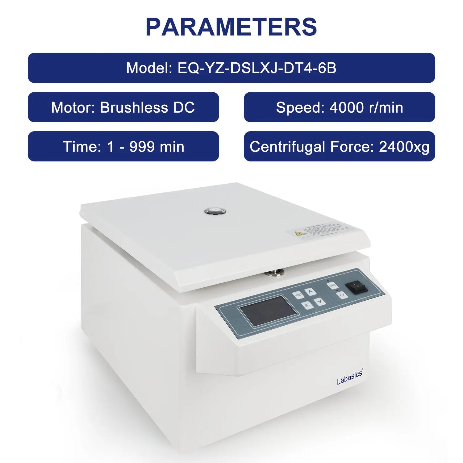 Low-Speed Digital Centrifuge, 4000 RPM Max Speed, 2400xg Max Centrifugal Force, Angle/Swing Rotor Labasics