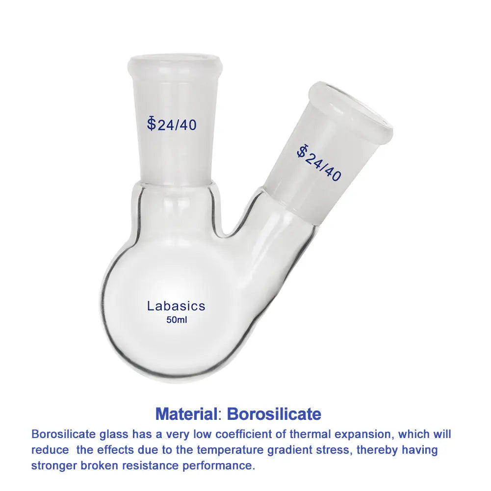 2 Neck Round Bottom Flask, 24/40 Center and Side Standard Taper Outer Joint, 50-2000 mL Labasics