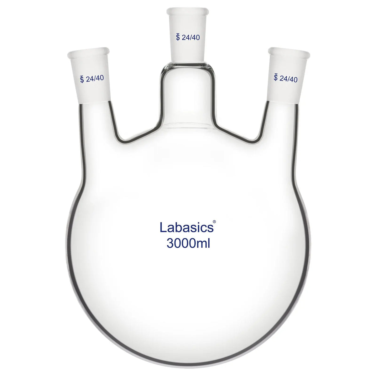 3 neck round bottom flask, 3000 mL (3 L), 24/40 joints, borosilicate glass, large capacity for advanced laboratory reactions