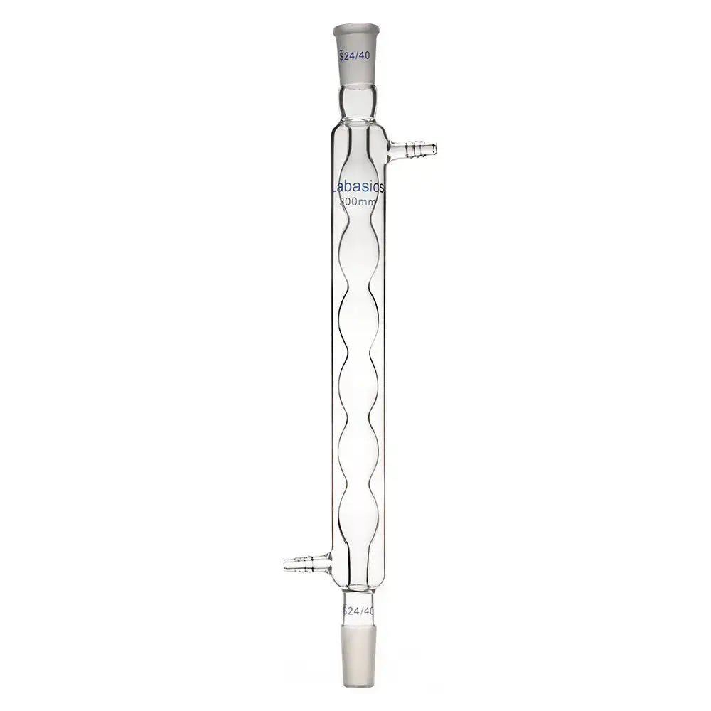 Glass Allihn condenser, 300 mm jacket length, borosilicate construction, 24/40 joint, bulb-style design for laboratory reflux condensation