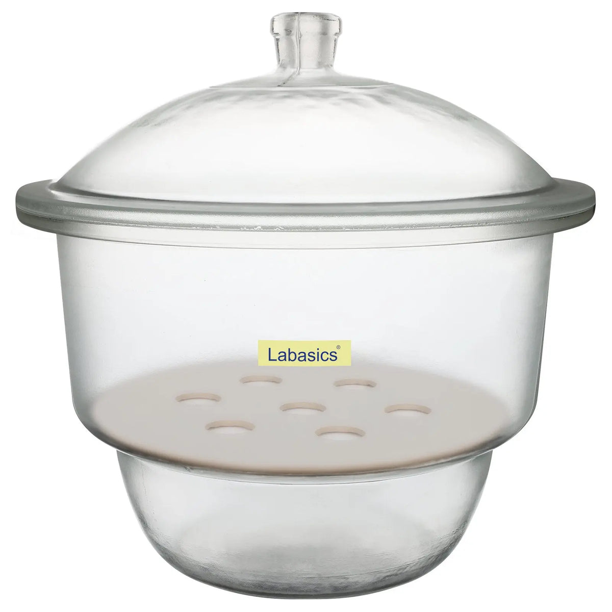 300 mm glass desiccator, borosilicate body, porcelain plate insert, for sample drying and storage