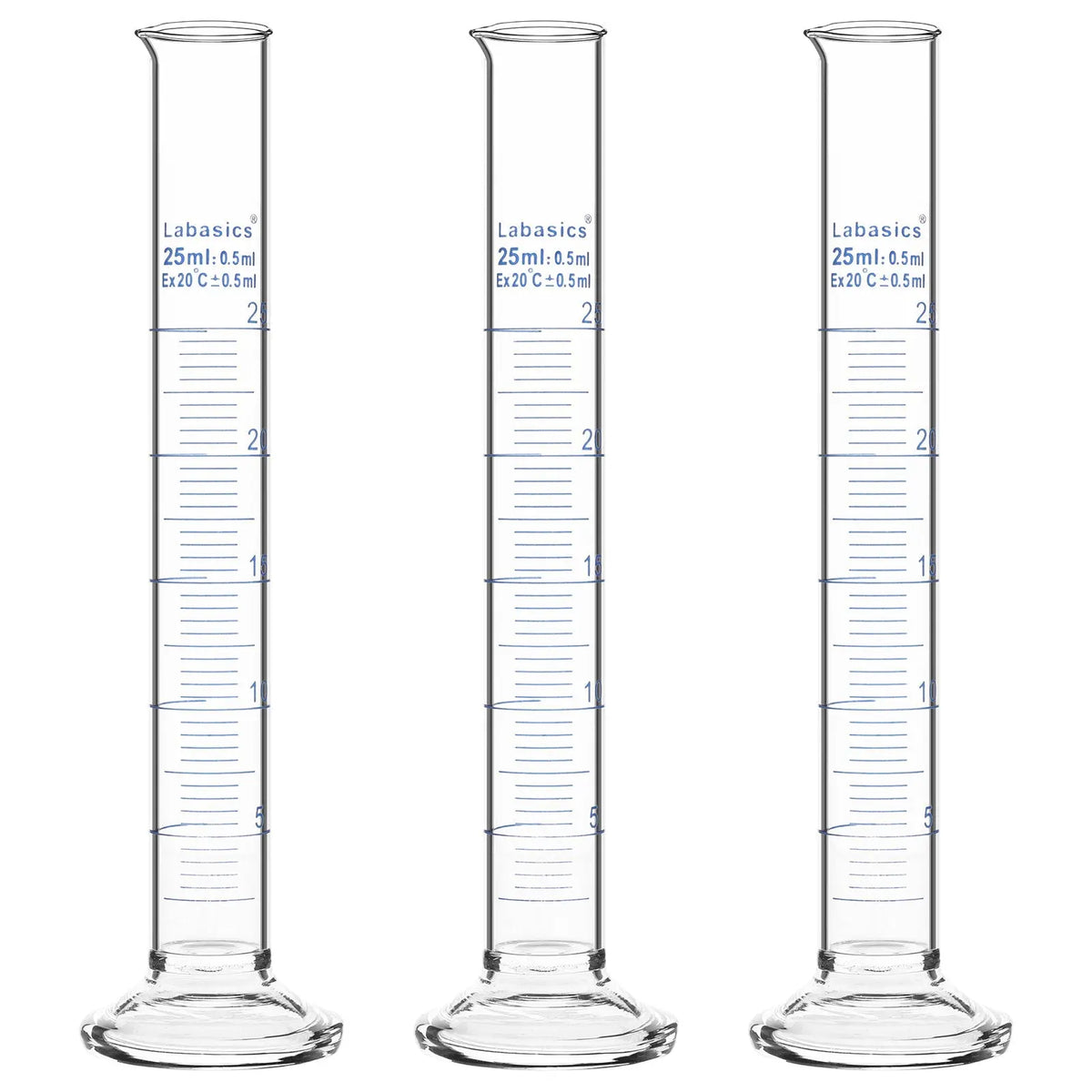 Measuring cylinder, 25 mL, borosilicate glass construction, accurate metric graduations, suitable for laboratory liquid handling; 3-pack