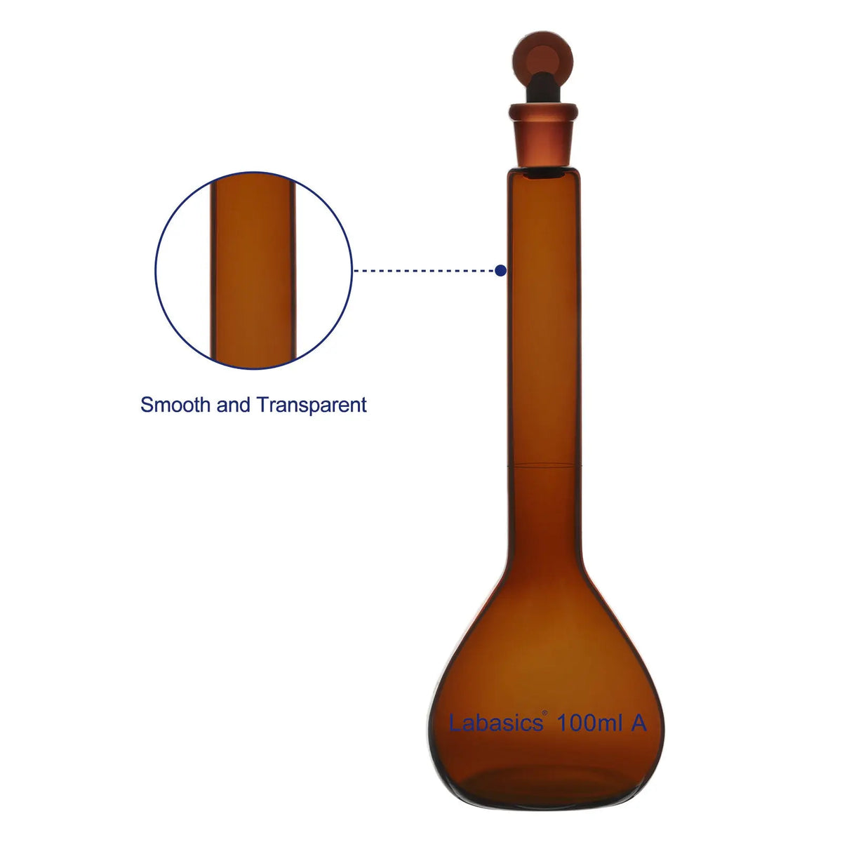 Smooth and transparent surface close-up of amber volumetric flask, high-quality borosilicate glass