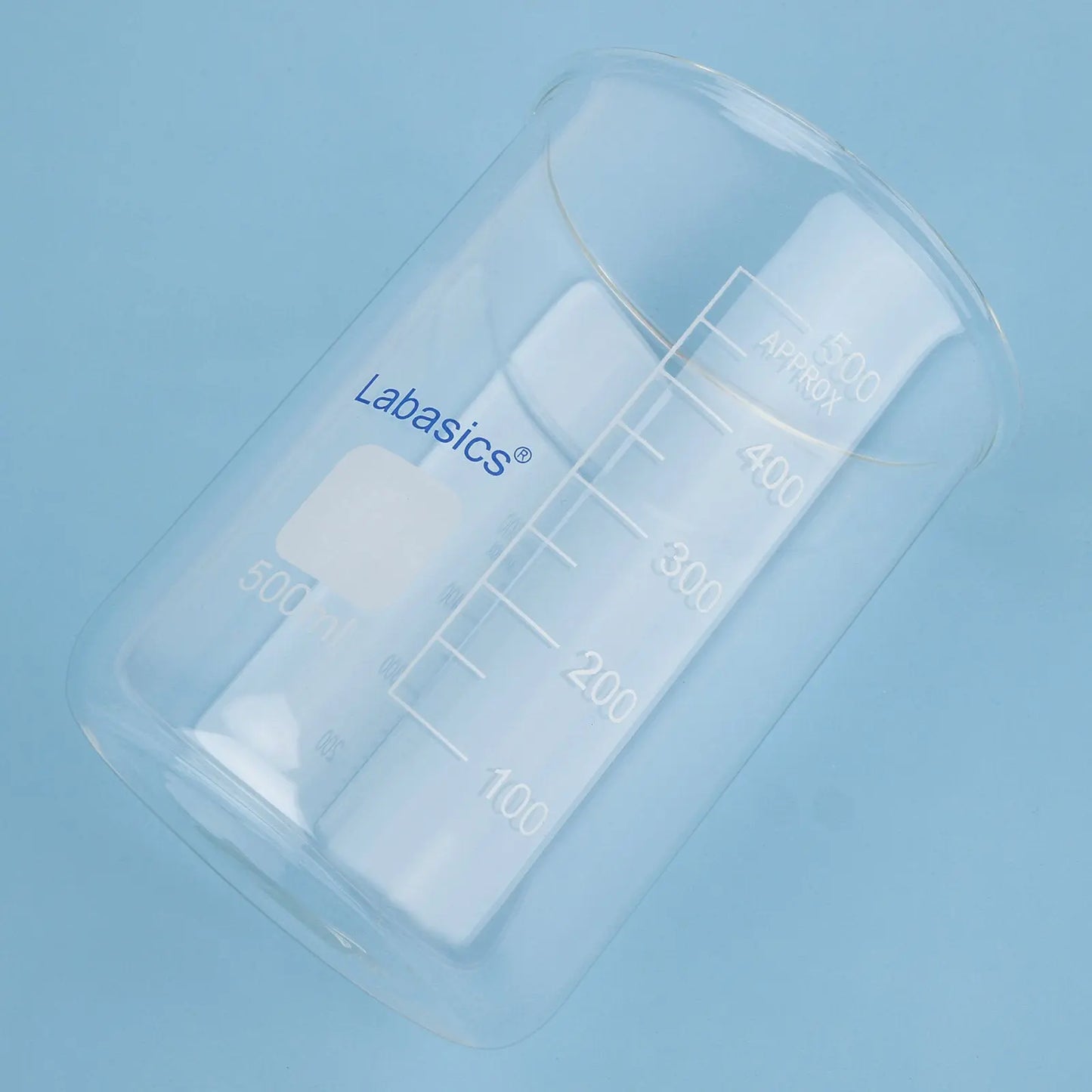 Front view of borosilicate glass beaker without spout, 500 ml capacity