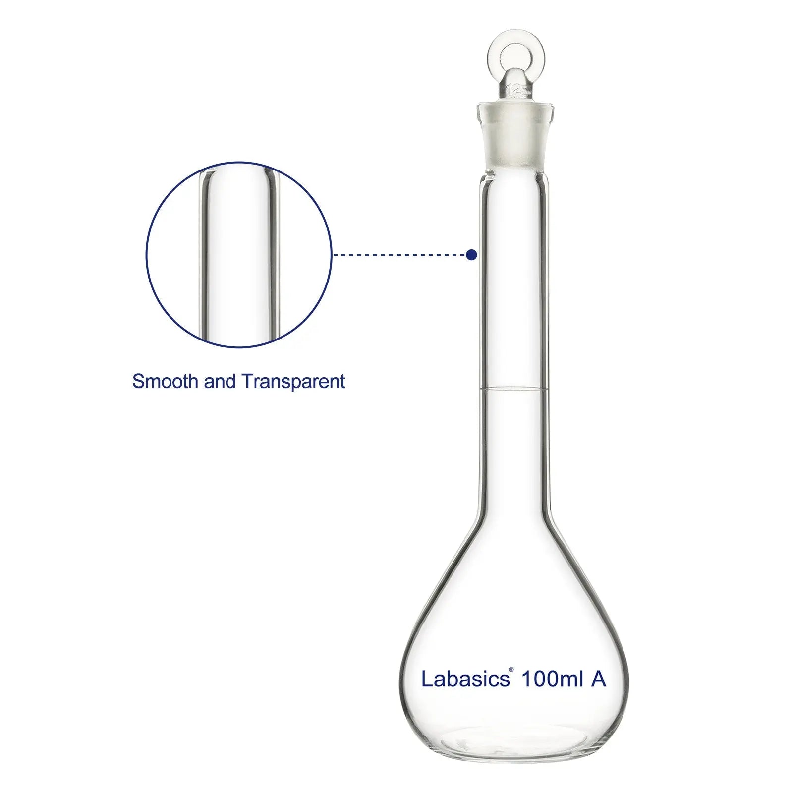 Smooth and transparent borosilicate glass surface of 100 ml volumetric flask