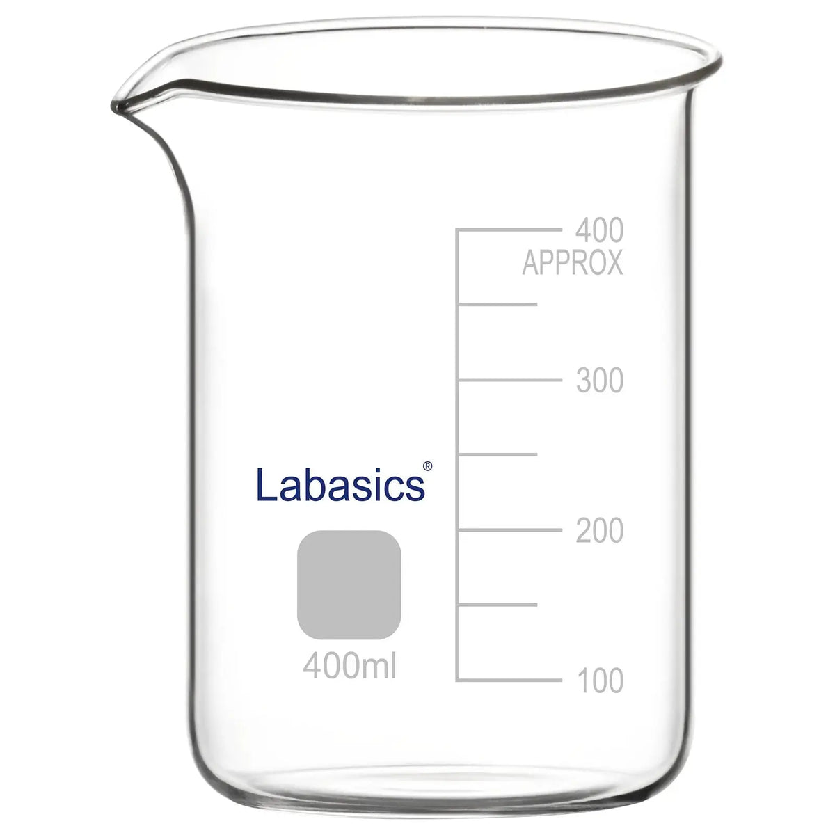A 400 mL borosilicate glass beaker with a reinforced rim and pouring spout, featuring printed graduations for accurate measurement in routine laboratory experiments.