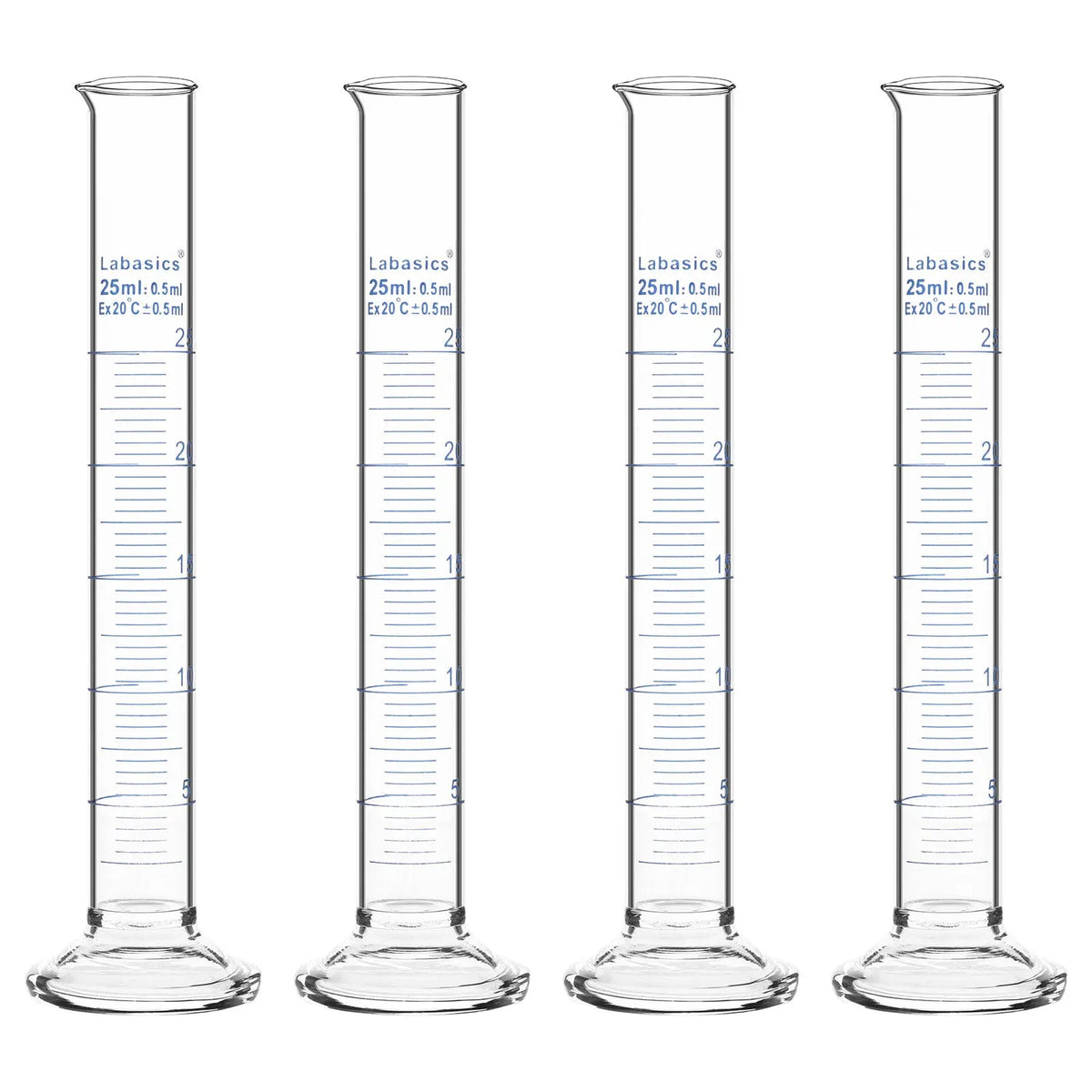 Measuring cylinder, 25 mL, borosilicate glass construction, accurate metric graduations, suitable for laboratory liquid handling; 4-pack