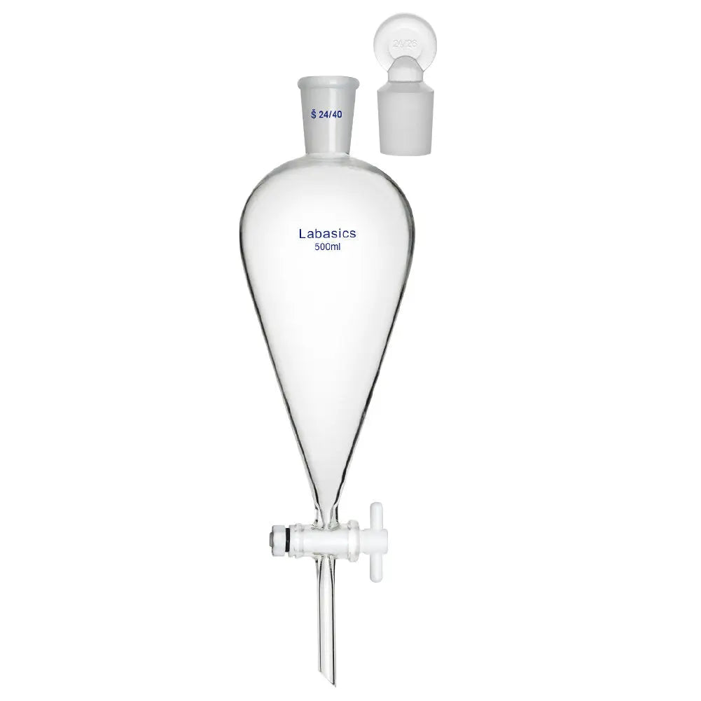 Separatory funnel, 500 mL, 24/40 joint, conical design, borosilicate glass, for chemical separation and extraction