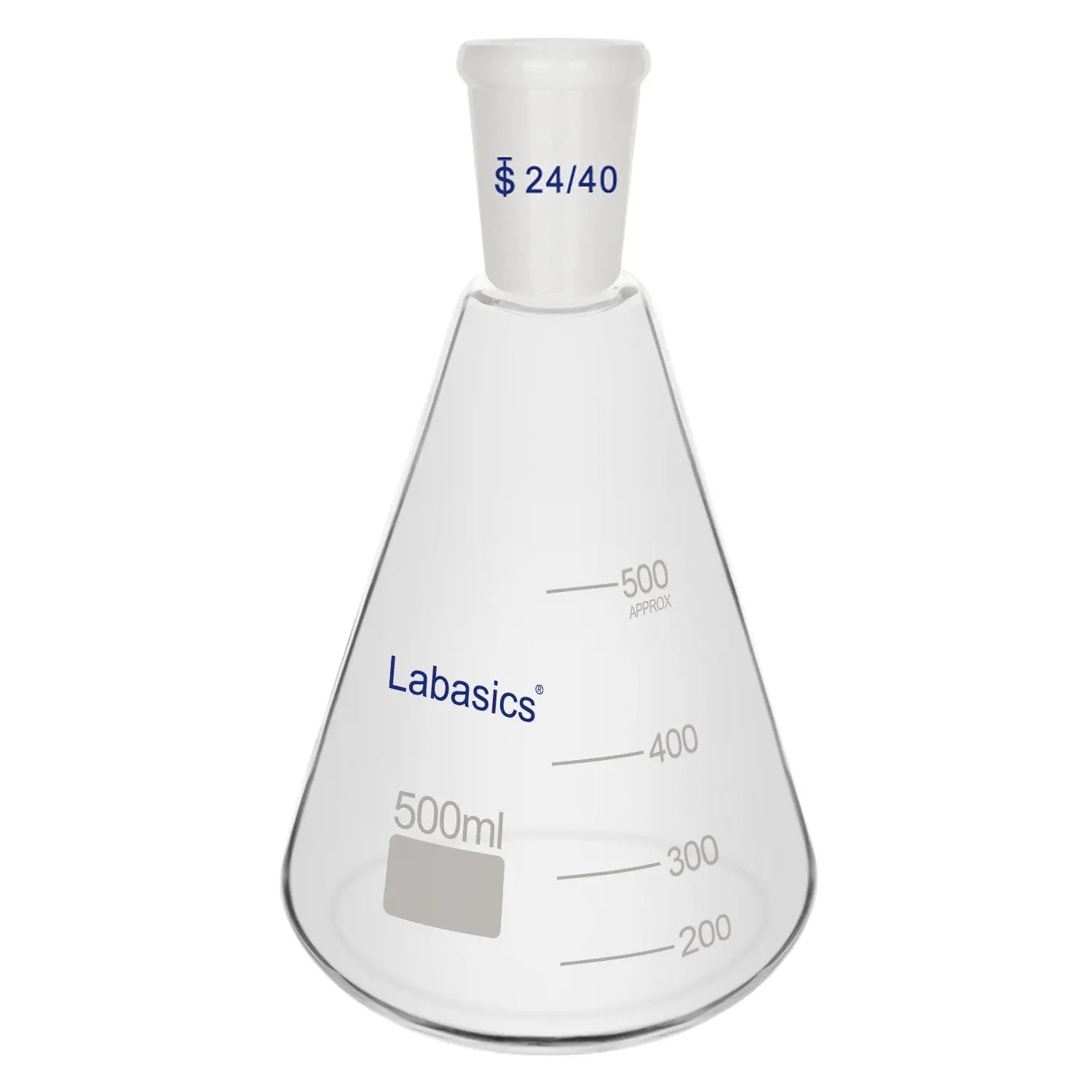 Erlenmeyer flask with 24/40 joint, 500 mL, borosilicate glass, conical shape, suitable for chemical mixing and solution preparation