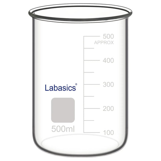 Borosilicate glass beaker without spout, 500 ml capacity, transparent, suitable for chemical mixing and heating