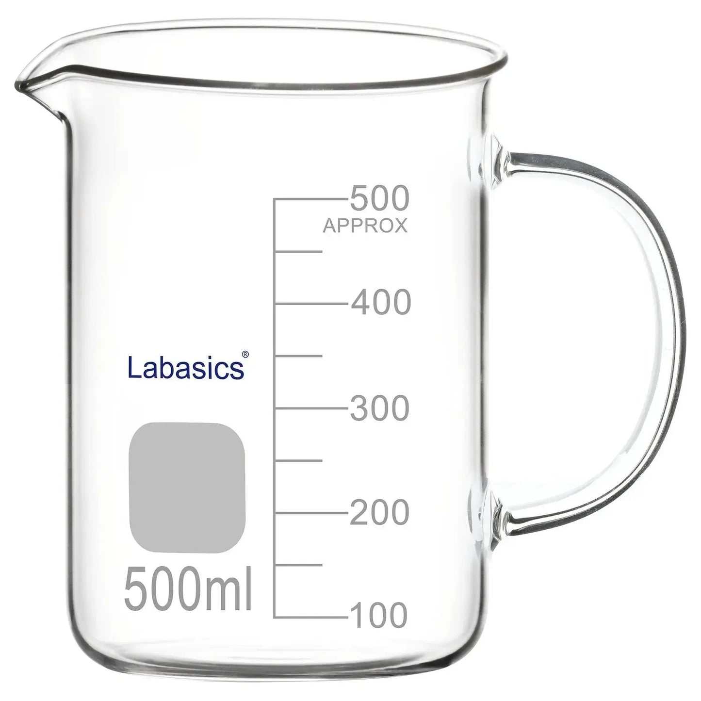 Borosilicate lab beaker with graduated scale, handle, and spout, 500 ml, for mixing and pouring liquids
