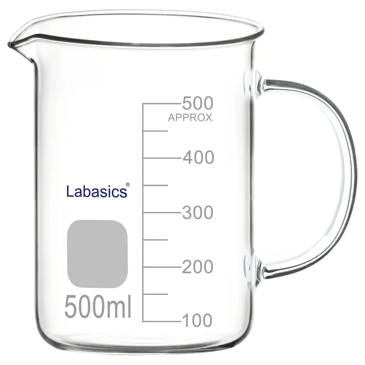Borosilicate lab beaker with graduated scale, handle, and spout, 500 ml, for mixing and pouring liquids