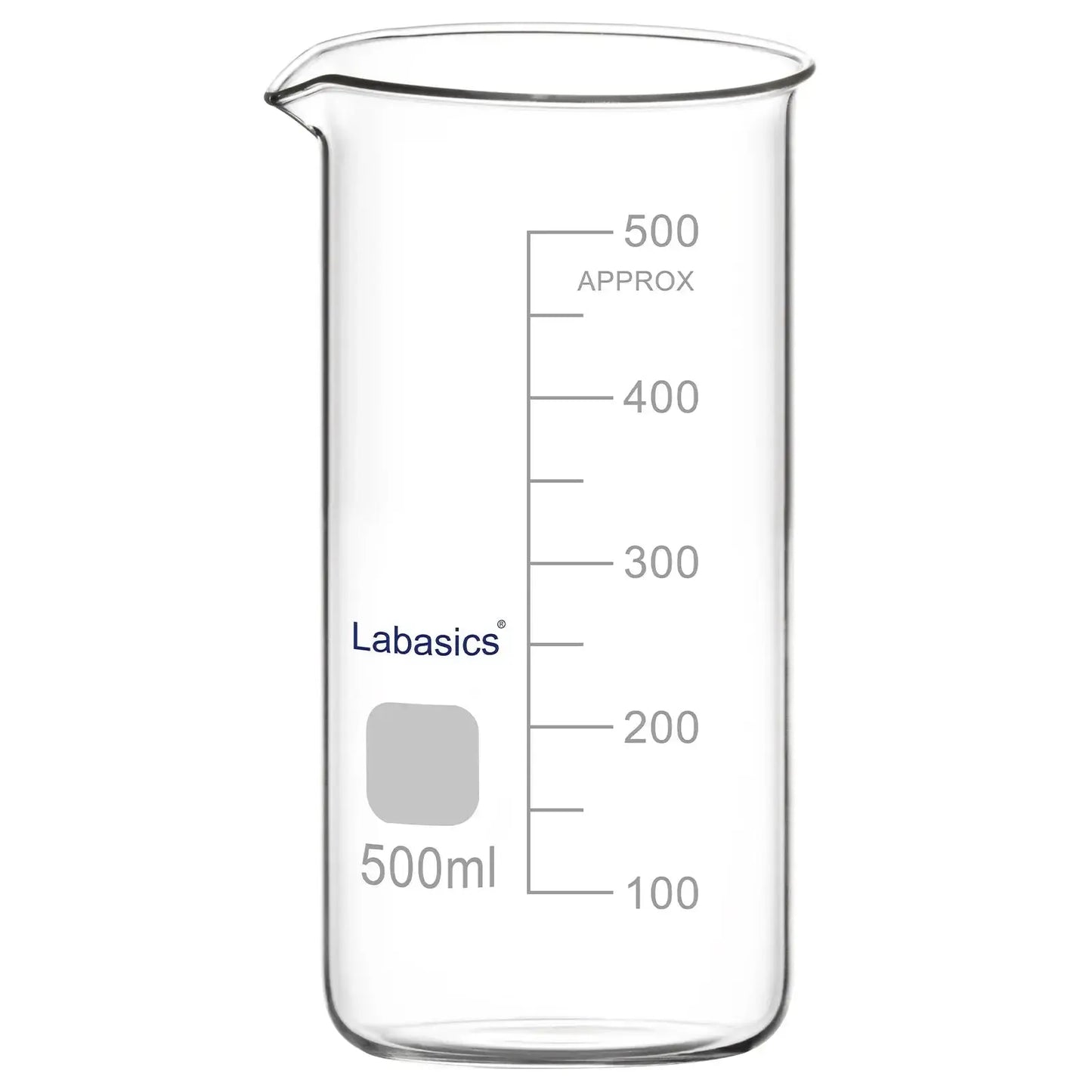 Large 500 ml tall glass beaker with spout, low-expansion borosilicate, ideal for laboratory use
