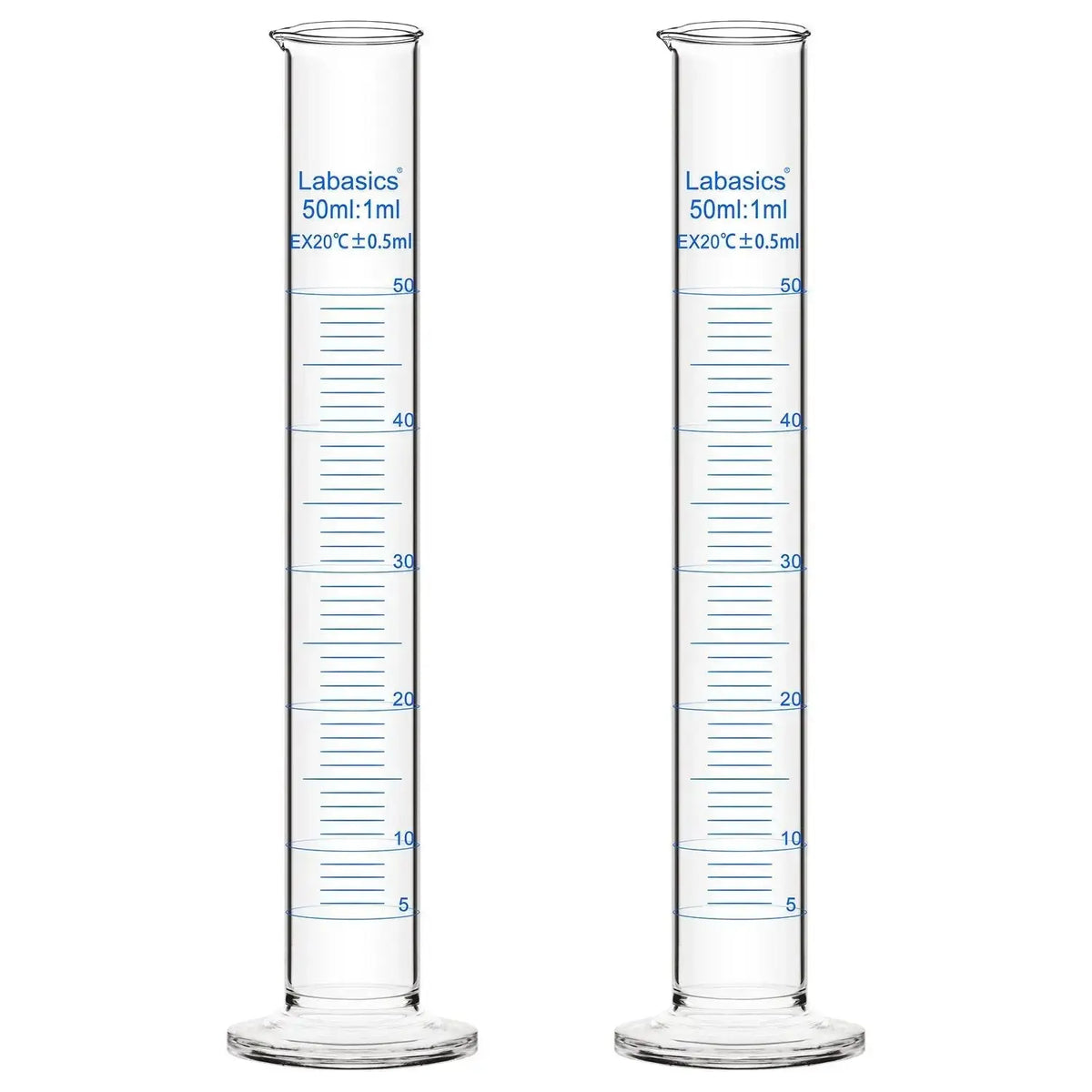 Graduated cylinder, 50 mL capacity, borosilicate glass, clear measurement markings, for precise liquid volume reading; 2-pack