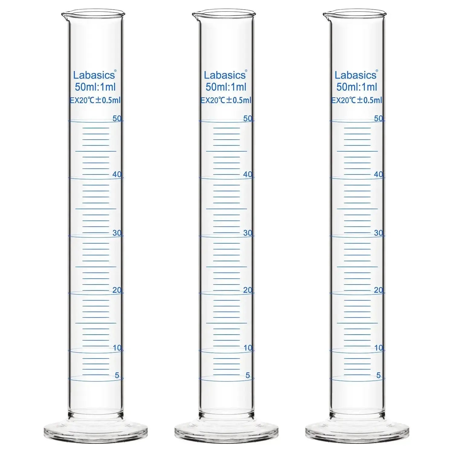 Graduated cylinder, 50 mL capacity, borosilicate glass, clear measurement markings, for precise liquid volume reading; 3-pack