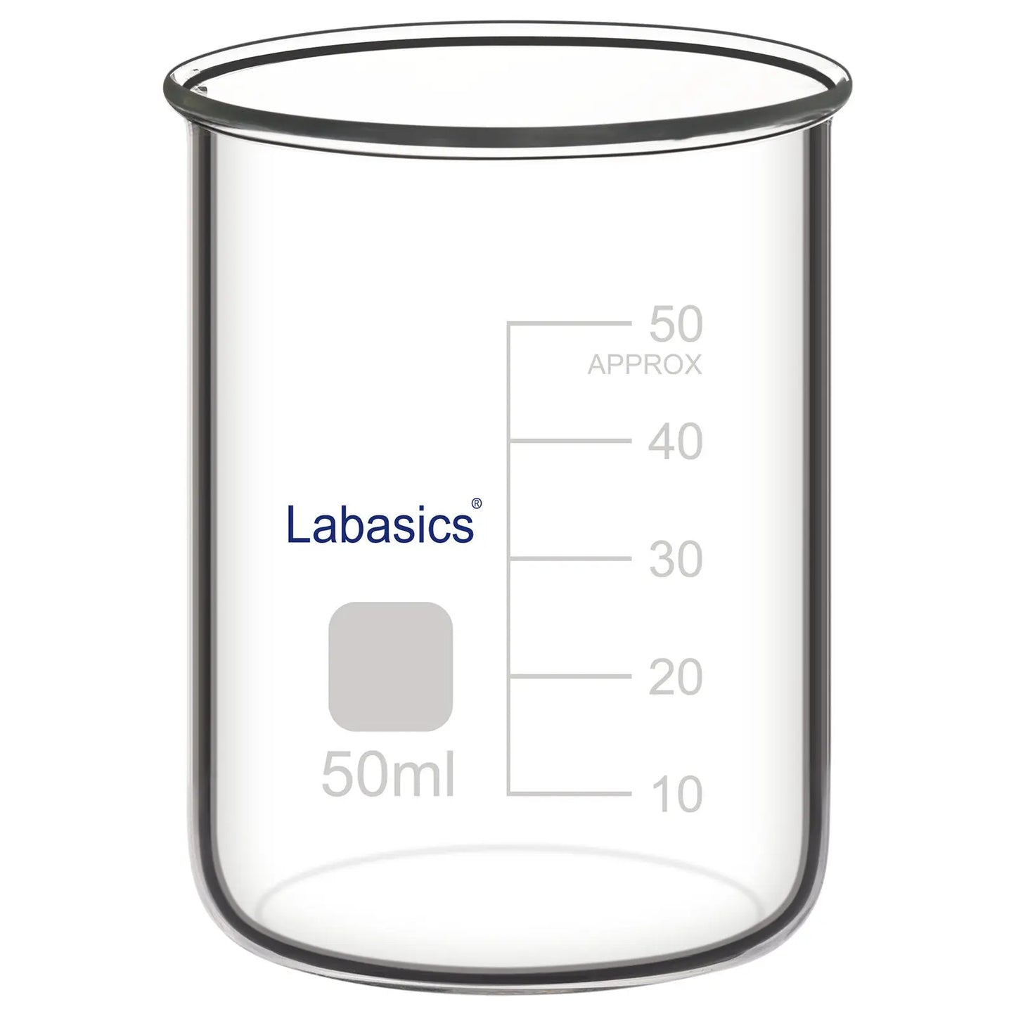 50 ml borosilicate glass beaker without spout, smooth rim for chemical mixing