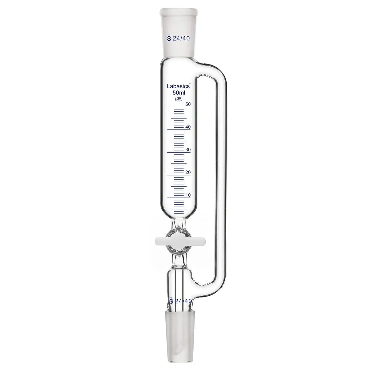 50ml borosilicate glass graduated pressure equalizing addition funnel with PTFE stopcock and volume markings for precise lab titration