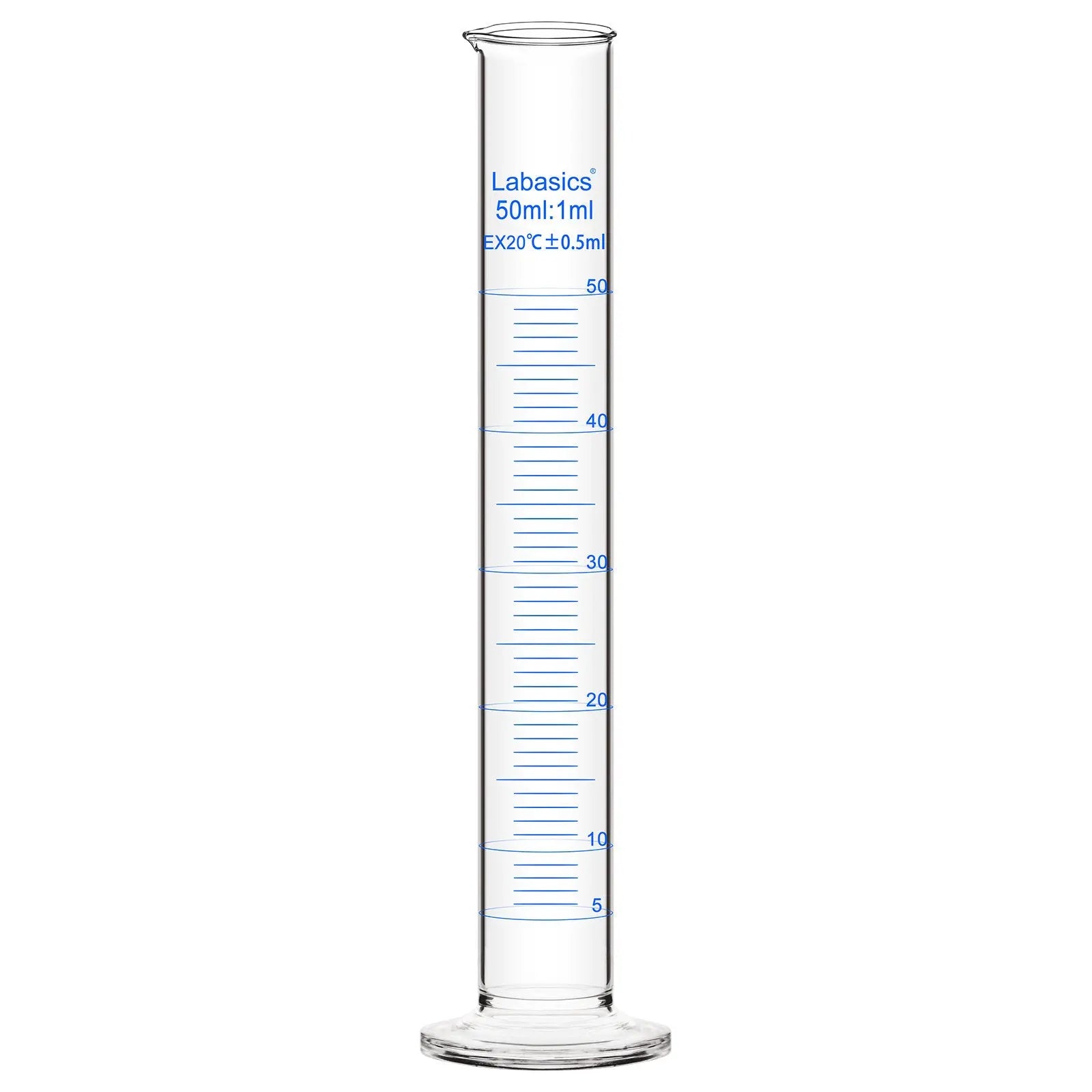 Graduated cylinder, 50 mL capacity, borosilicate glass, clear measurement markings, for precise liquid volume reading