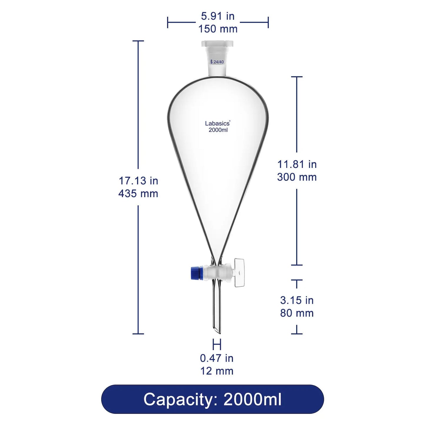 Conical Separatory Funnel with Glass Stopcock and 24/40 Plastic Joint Stopper, 60 – 1000 mL Labasics shop