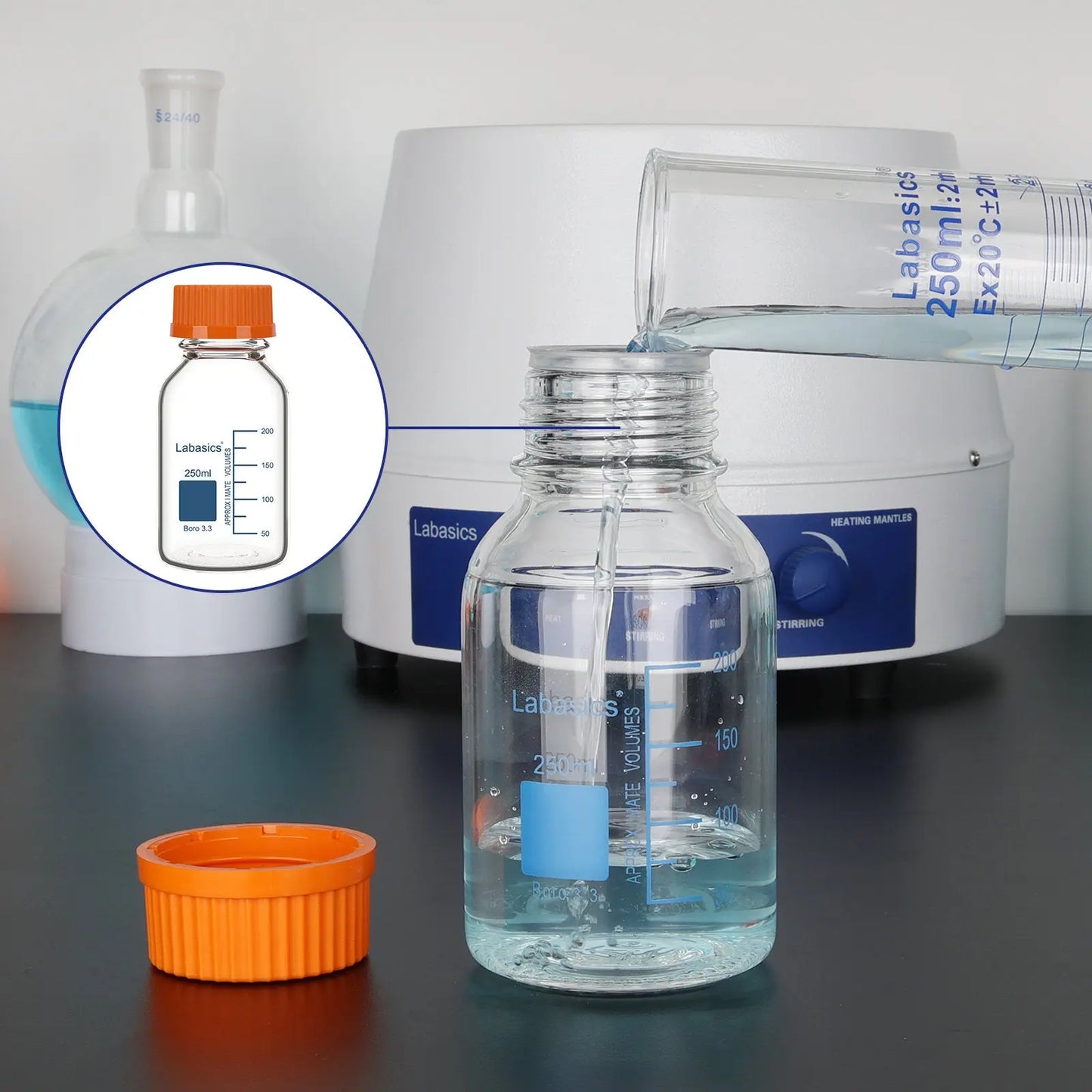 Transparent Media Storage Bottle, Borosilicate Glass, 250–2000 mL Labasics