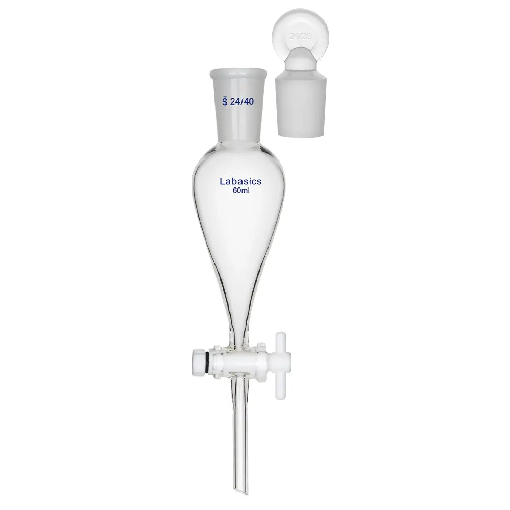 Conical separatory funnel, 60 mL, 24/40 joint, borosilicate glass, glass stopper and PTFE stopcock, for small-scale liquid separation