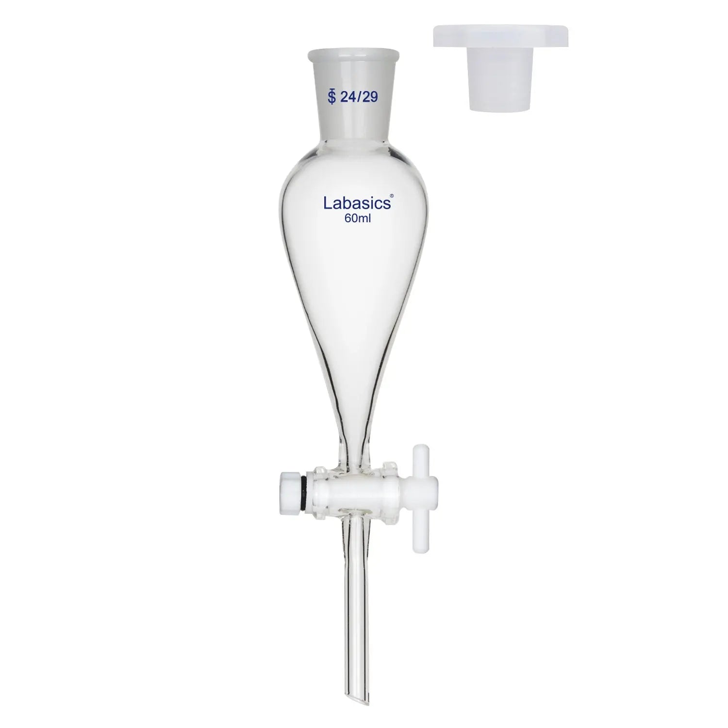 Conical separatory funnel, 60 mL, 24/29 joint, borosilicate glass, PTFE stopcock and plastic stopper, for small-scale liquid separation