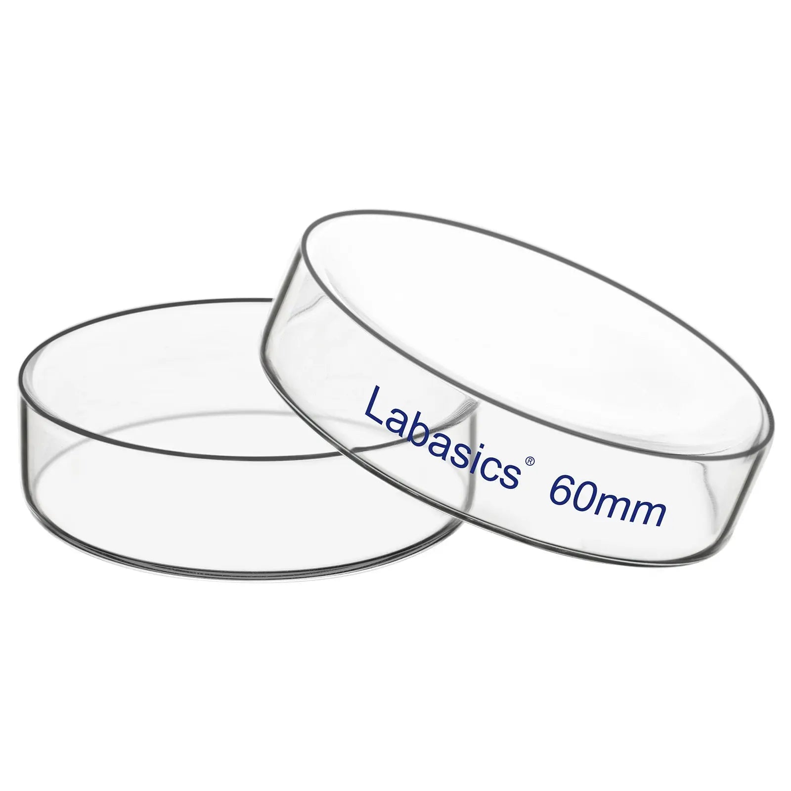 Glass petri dish with lid, 60 mm diameter, borosilicate glass, autoclavable, high transparency, for lab culture and sample handling