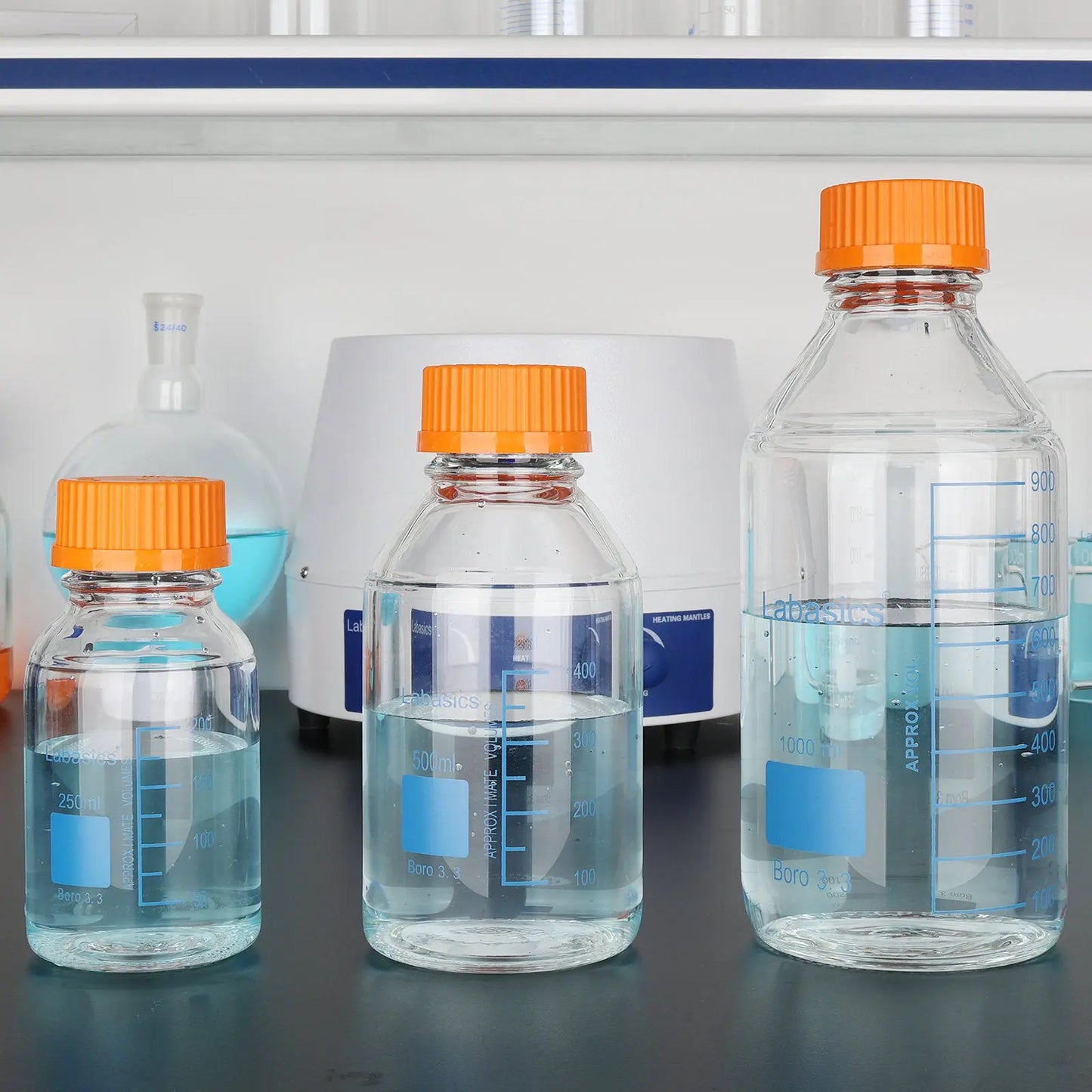 Transparent Media Storage Bottle, Borosilicate Glass, 250–2000 mL Labasics