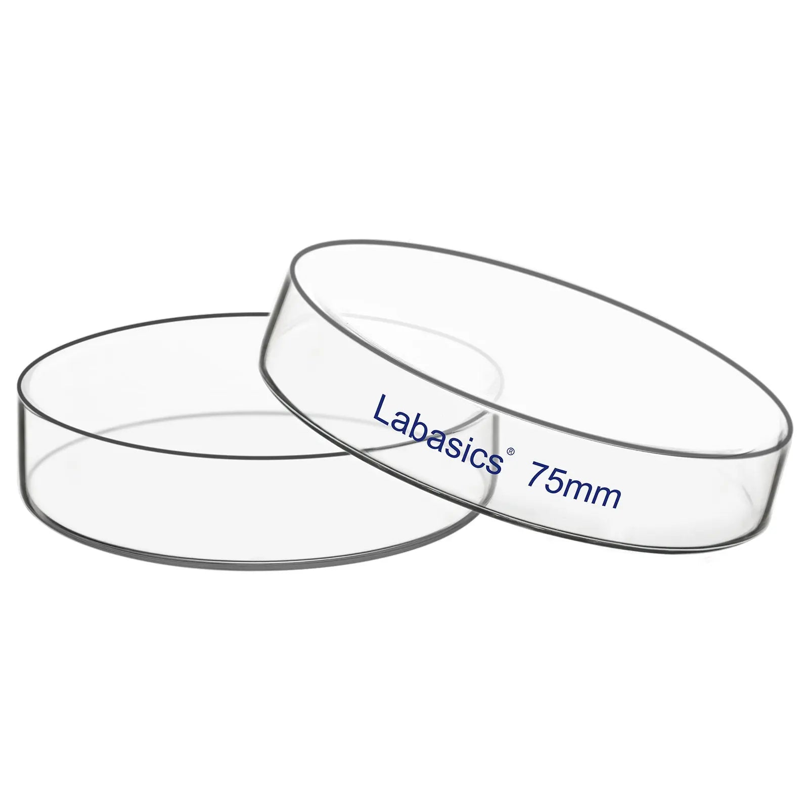 Glass petri dish with lid, 75 mm diameter, borosilicate glass construction, heat-resistant, clear design for laboratory culture applications