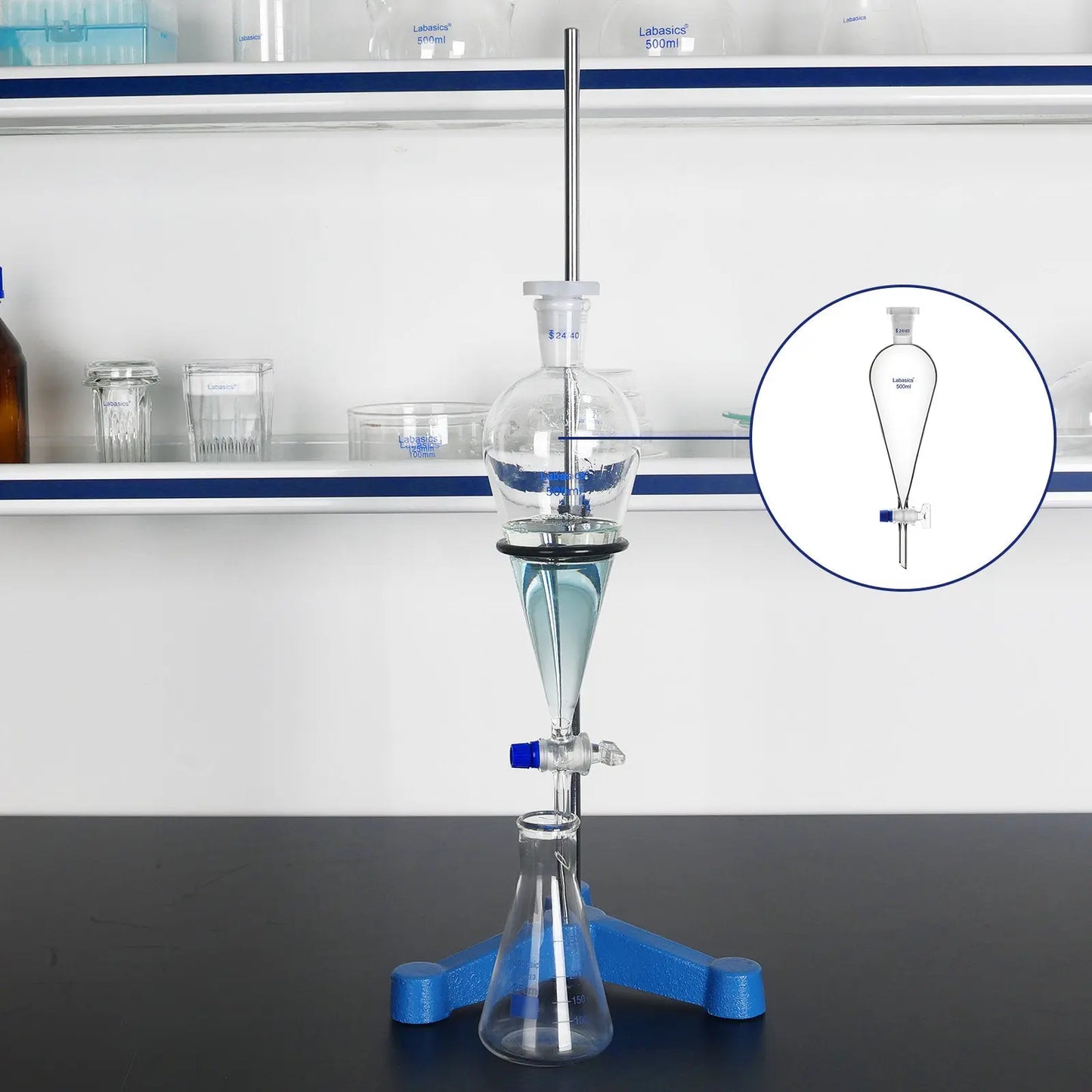 Conical Separatory Funnel with Glass Stopcock and 24/40 Plastic Joint Stopper, 60 – 2000 mL Labasics
