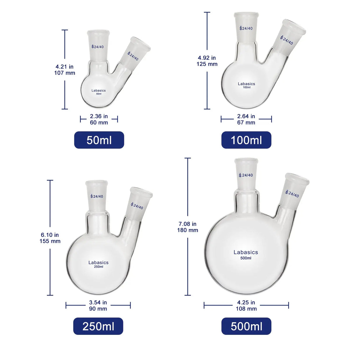 2 Neck Round Bottom Flask, 24/40 Joints, 50-5000 ml Labasics