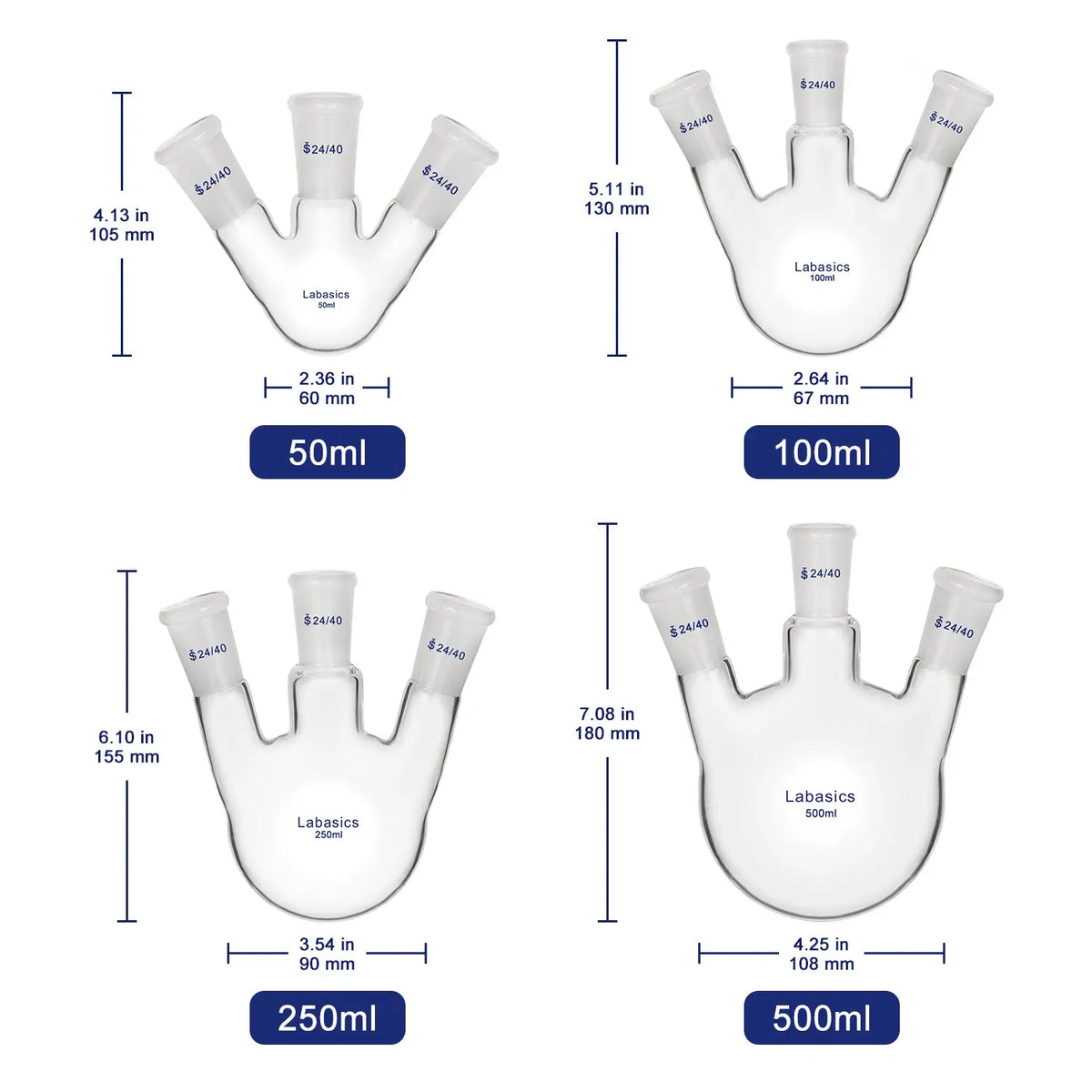 3 Neck Round Bottom Flask, 24/40 Joints, 50-5000 ml Labasics