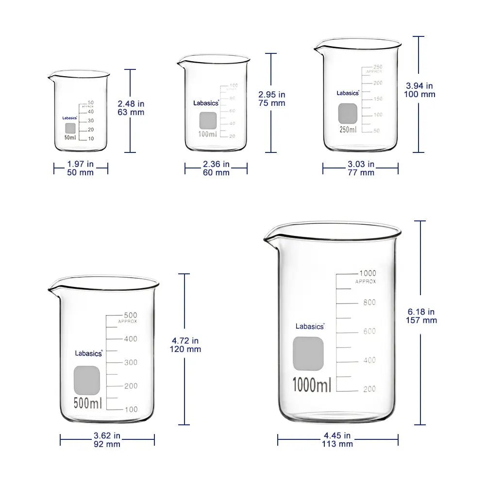 Glass Beaker Set, 5 Sizes, Combo Pack Labasics